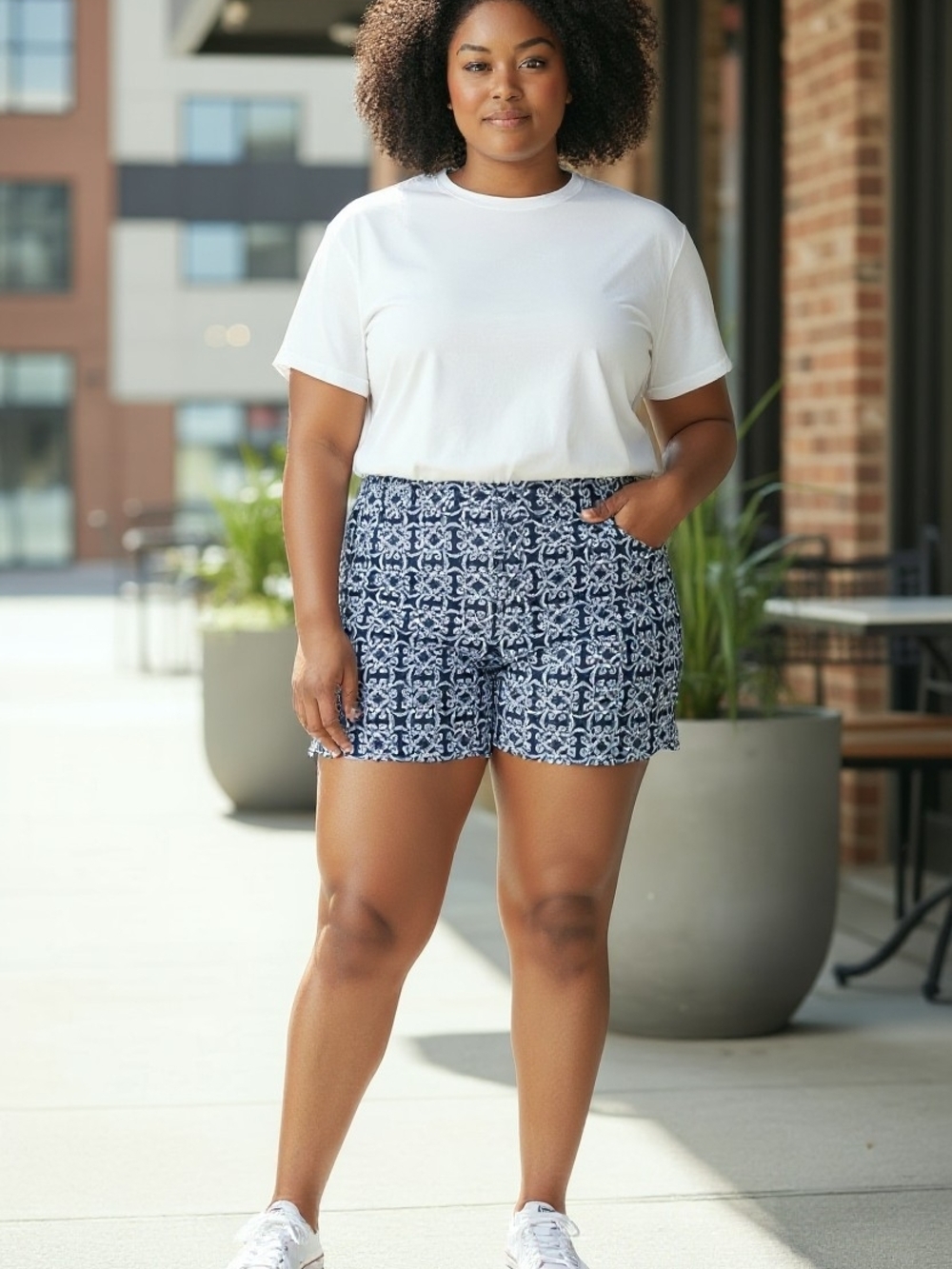 Plus Size Navy Patterned Scalloped Edge Shorts Crown & Ivy